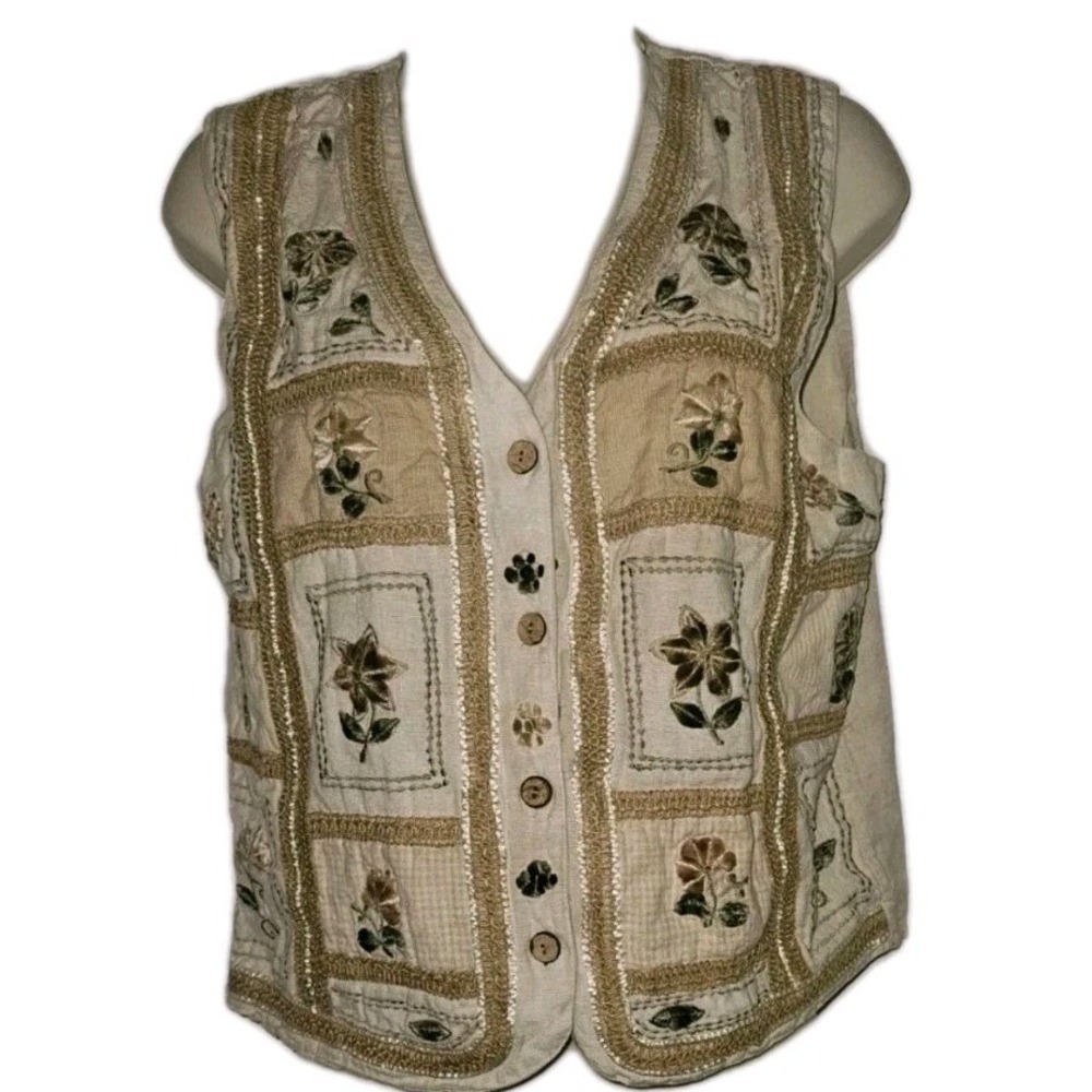 Vtg Tantrums Linen Grandmacore  Floral Velvet‎ Embroidered Patchwork Vest Size M